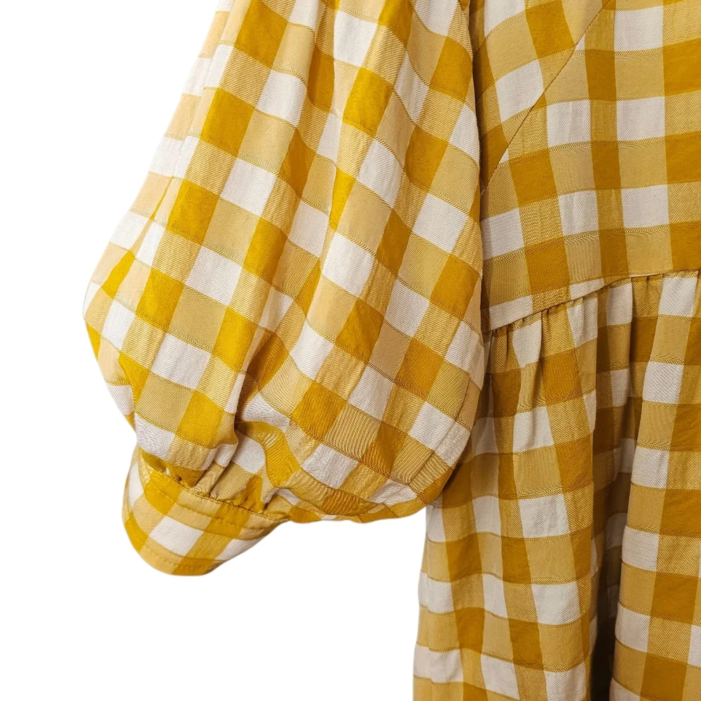 Maeve April Babydoll Gingham Blouse Gold White Button Puff Sleeve V-Neck M